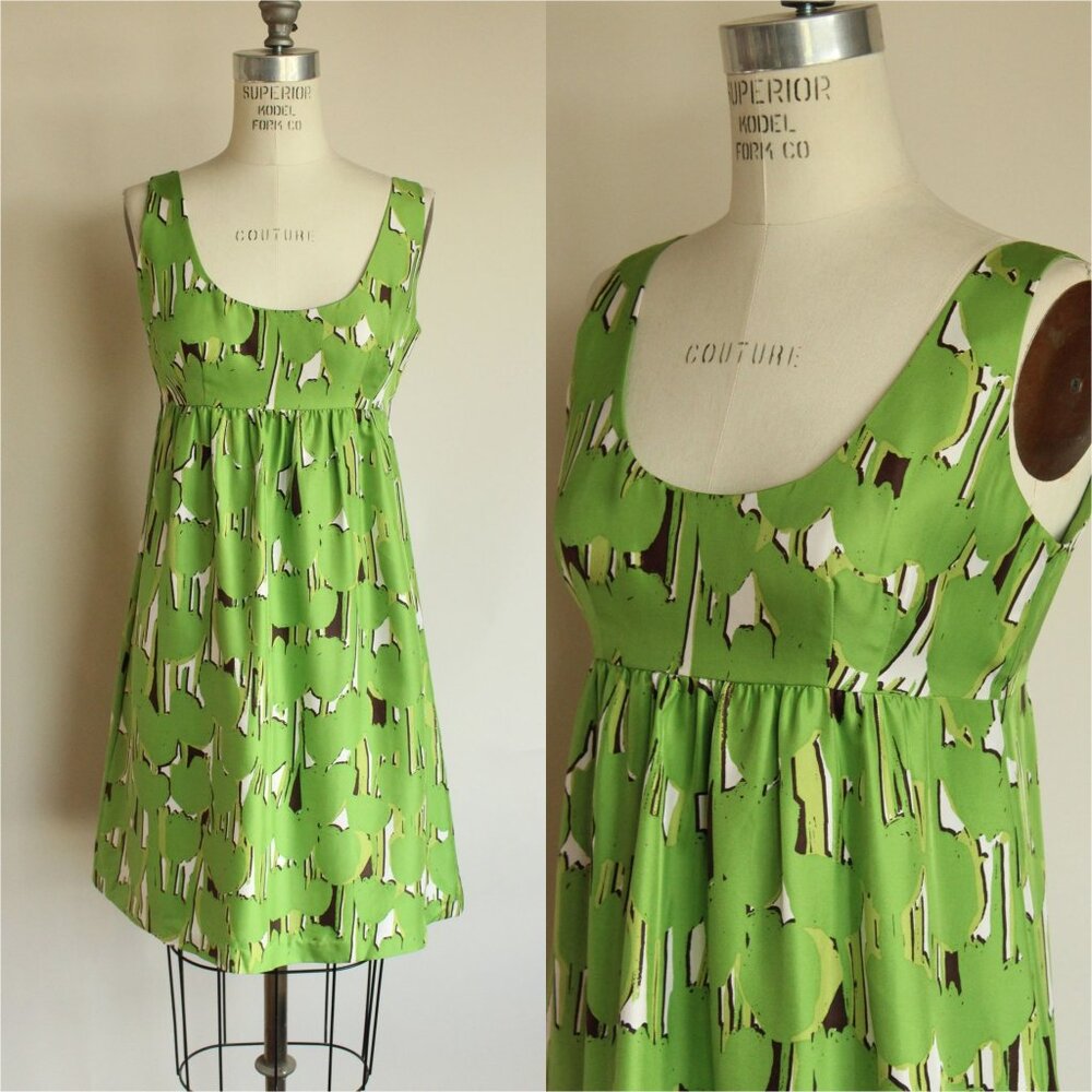 Michael Kors Mini Dress, Silk Empire Waist, Size 6P, Green Black and White